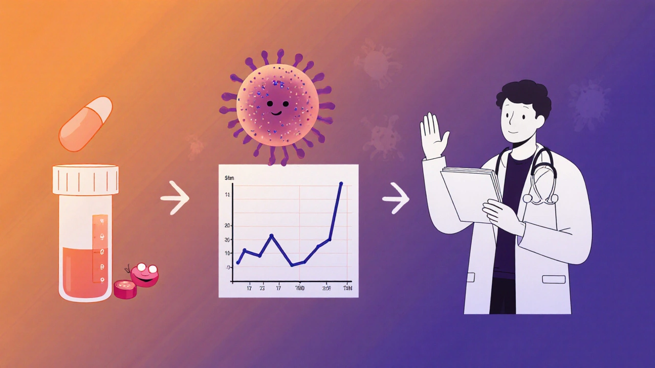 A timeline showing daily pill intake, blood tests, and stable organ function over years in soft gradient colors.
