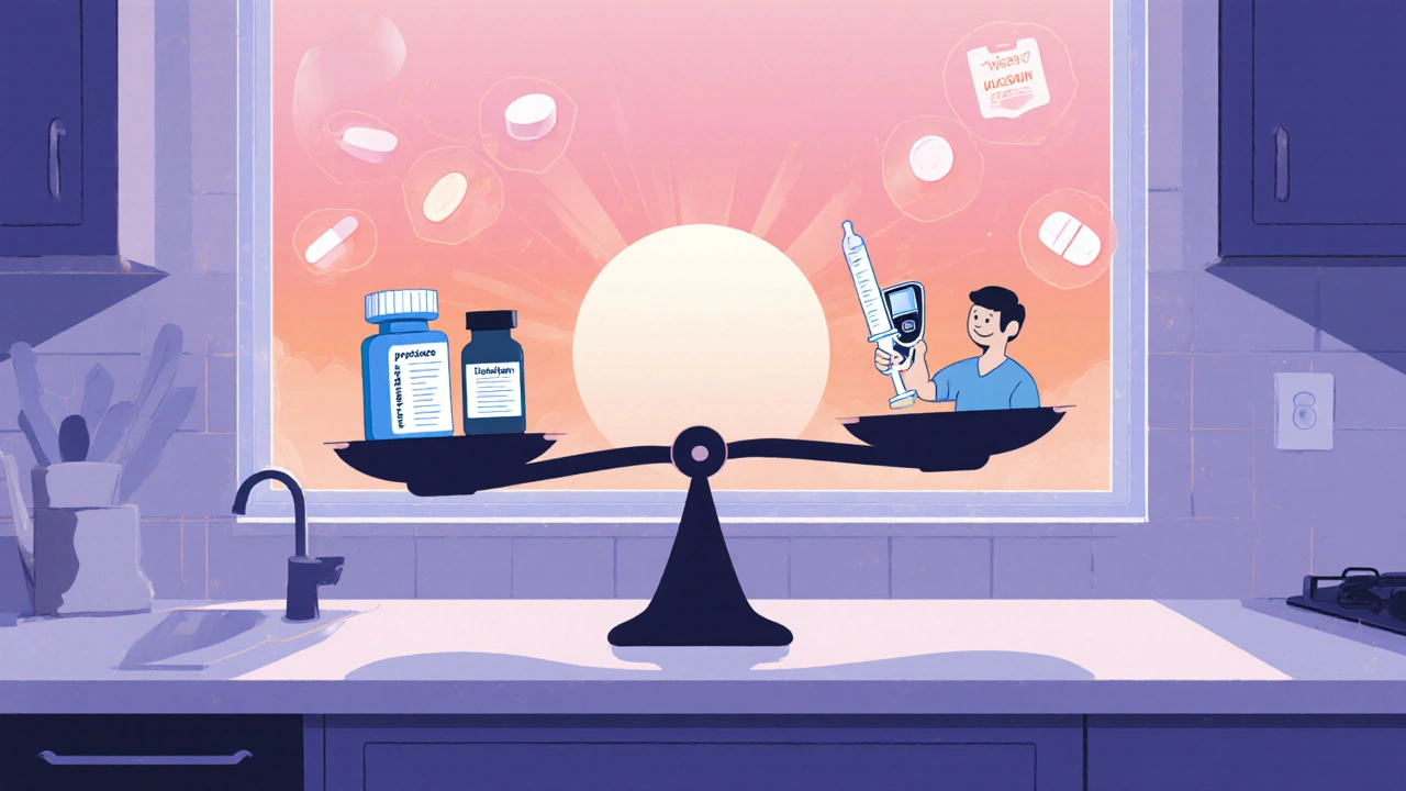 Balanced scale with different diabetes meds, patient choosing a treatment.