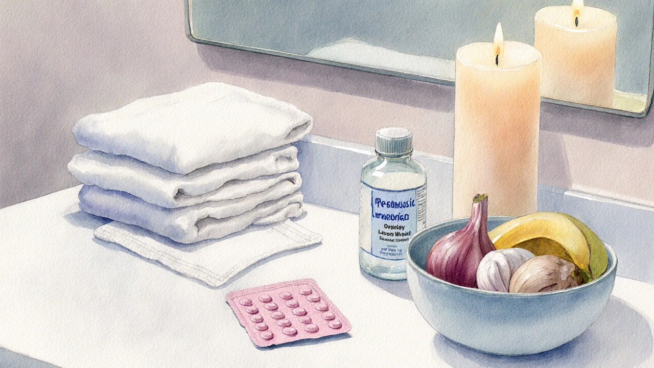 Bathroom vanity with cotton underwear, lubricant, probiotic jar, estrogen tablets, and fresh foods.