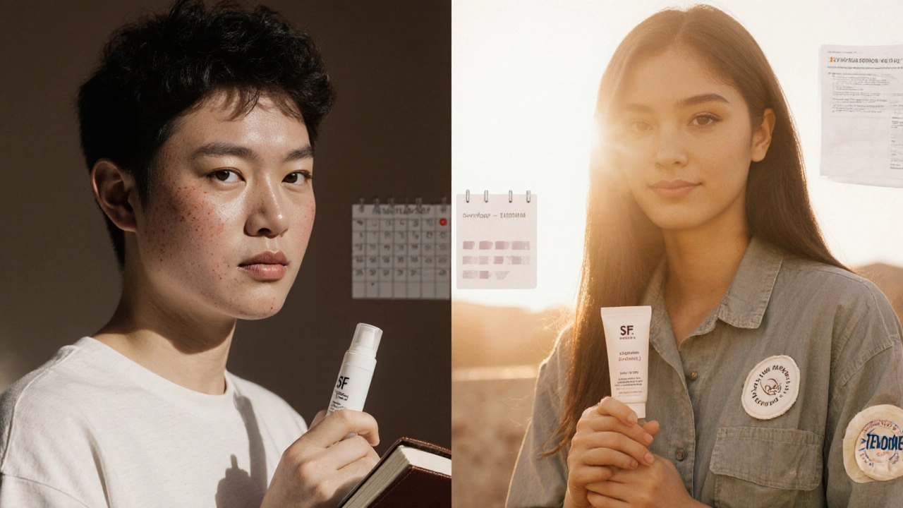 Before‑after portrait of a young adult showing severe acne transforming to clear skin after treatment.