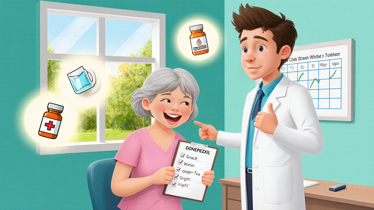 Caregiver and doctor discuss medications with floating checklist icons in a clinic.