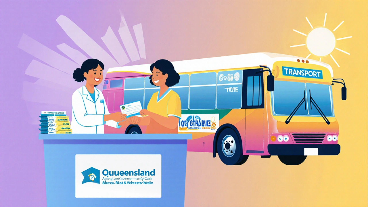 Caregiver returns a driver’s licence at a transport office as a community shuttle and transport vouchers are displayed.