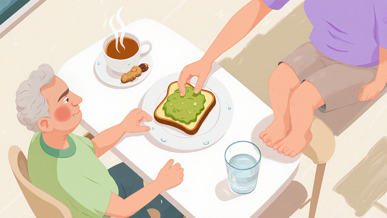 Caregiver serves avocado toast and ginger tea to upright patient drinking water.