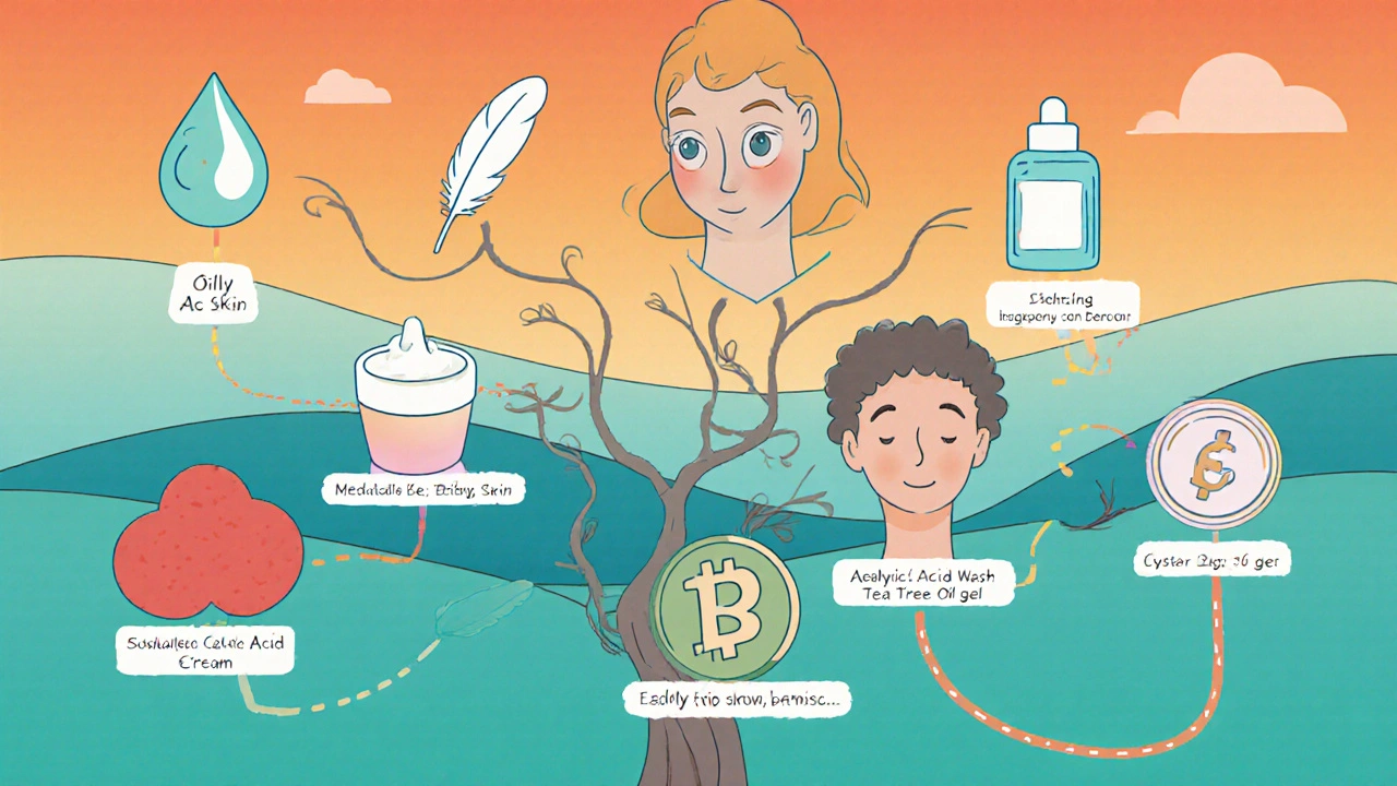 Cartoon decision-tree with icons for skin types leading to suggested acne treatments.