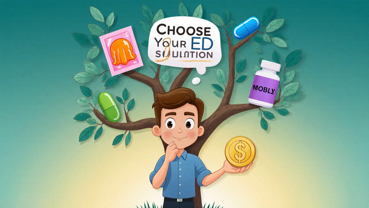 Cartoon man choosing between different ED products on a whimsical decision tree.