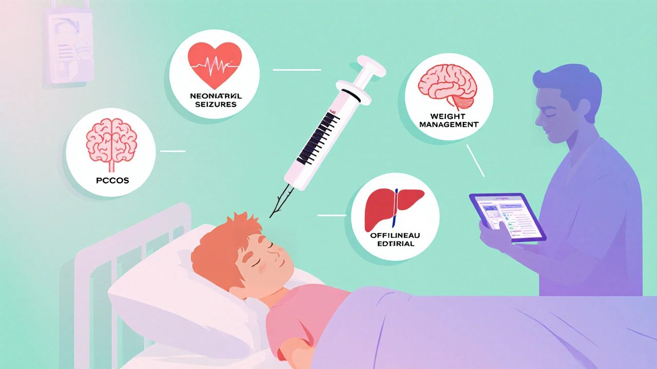 Child in ICU with floating medical icons representing off-label drug uses.