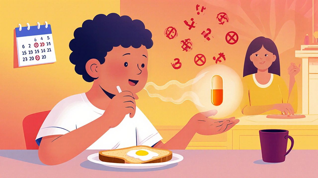 Child takes rivaroxaban with fatty breakfast as clot-blocking molecules glow around them.