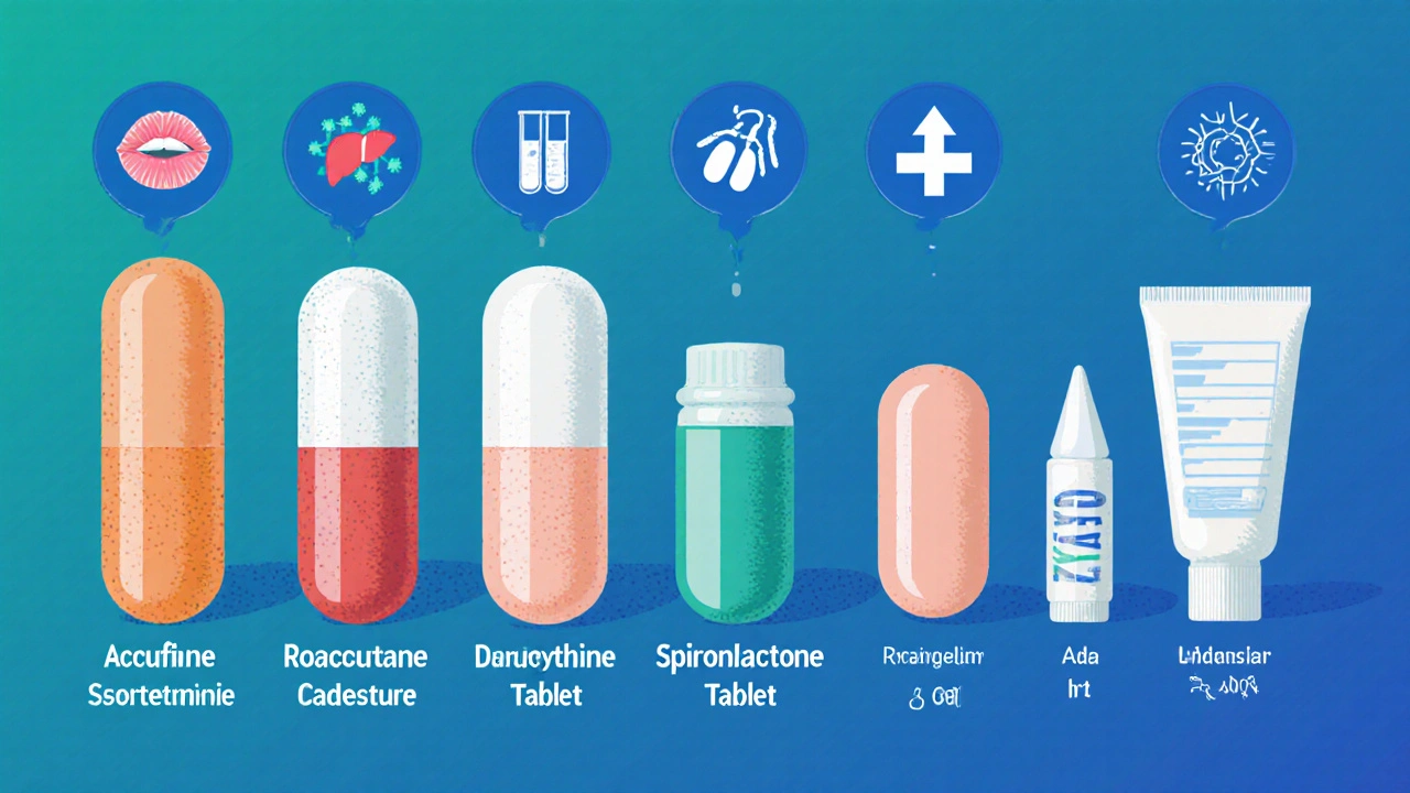 Close-up of various acne medication forms with visual symbols of their effects.