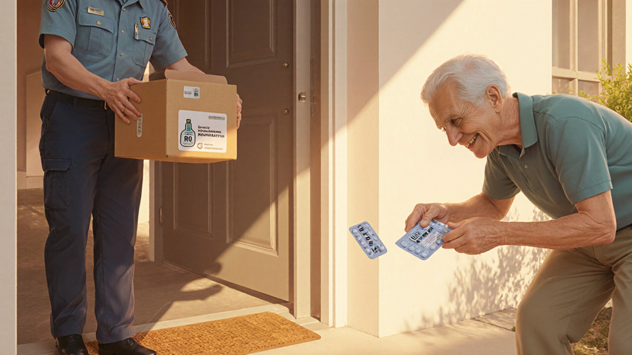 Delivery box with generic rosuvastatin bottle arrived, person inspecting the medication.