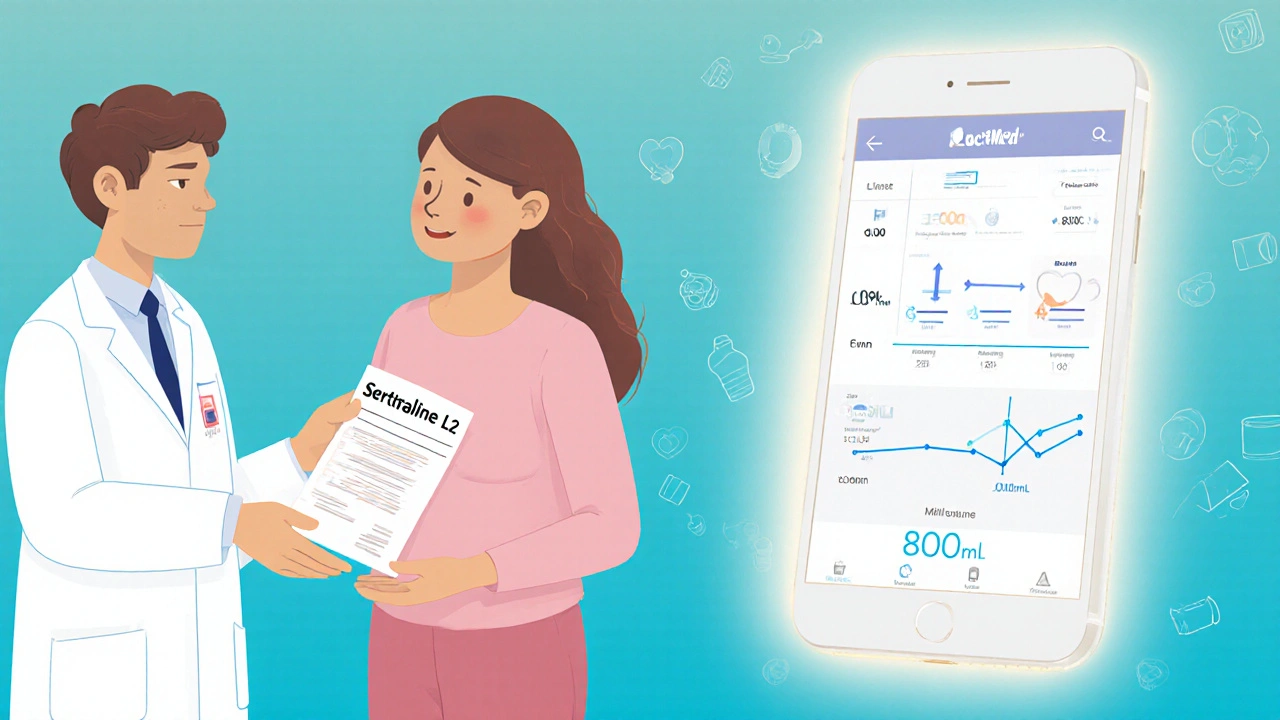 Doctor gives breastfeeding mother a safe prescription while a safety app hovers nearby.