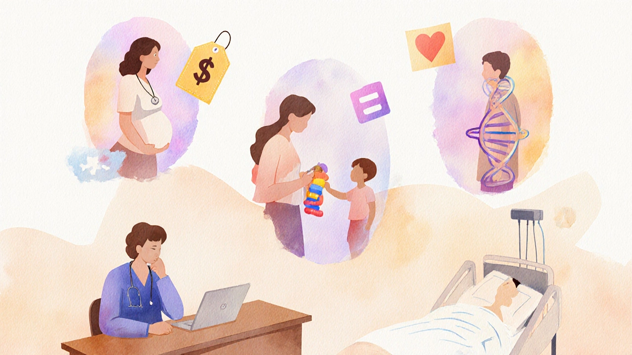Doctor reviewing patient silhouettes (pregnant adult, child, hospital patient) with cost and resistance icons.