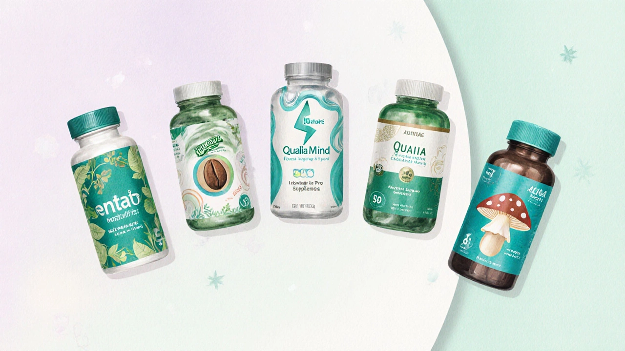 Five supplement bottles displayed with visual cues for their ingredients and price.