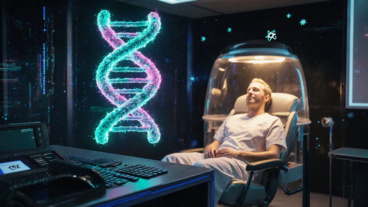Futuristic lab with CRISPR editing stem cells and patient receiving glowing platelet infusion.