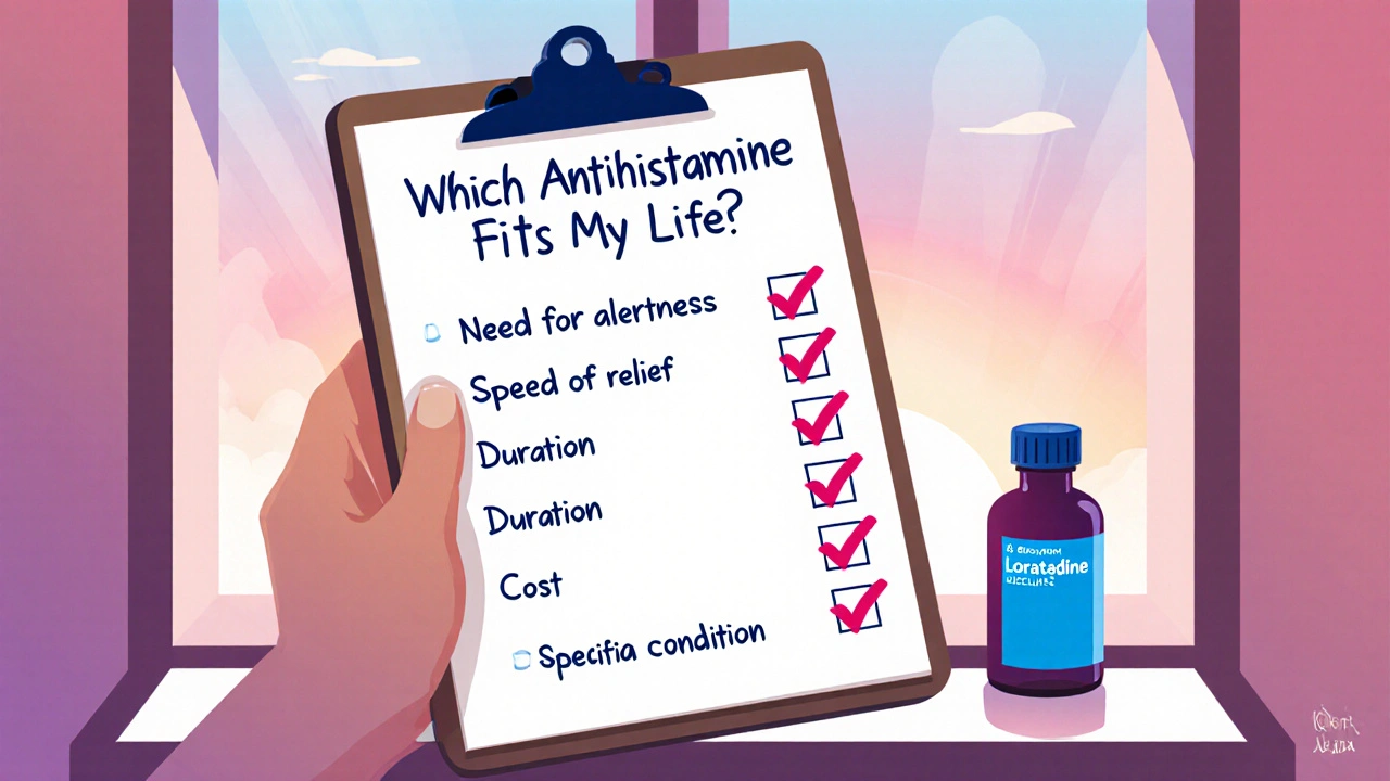 Hand holding a checklist of antihistamine factors next to a loratadine bottle.