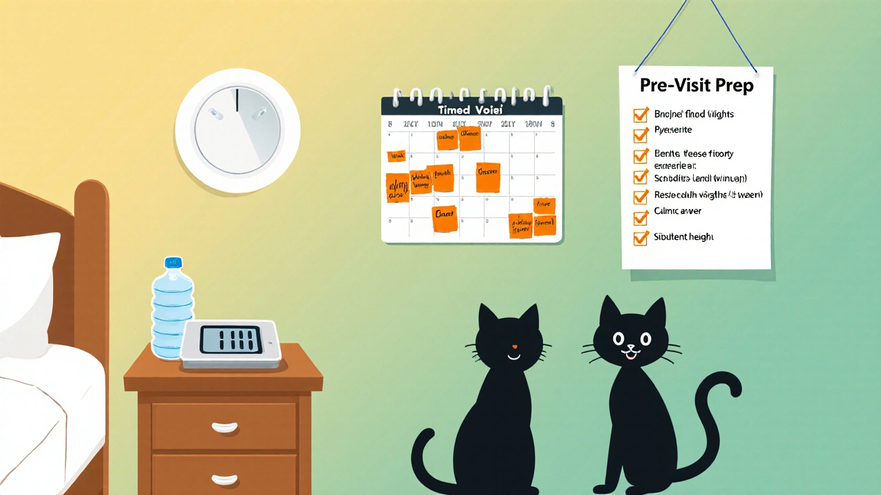 Home scene with weight scale, water bottle, calendar schedule, pelvic‑floor exercise silhouette, and checklist.