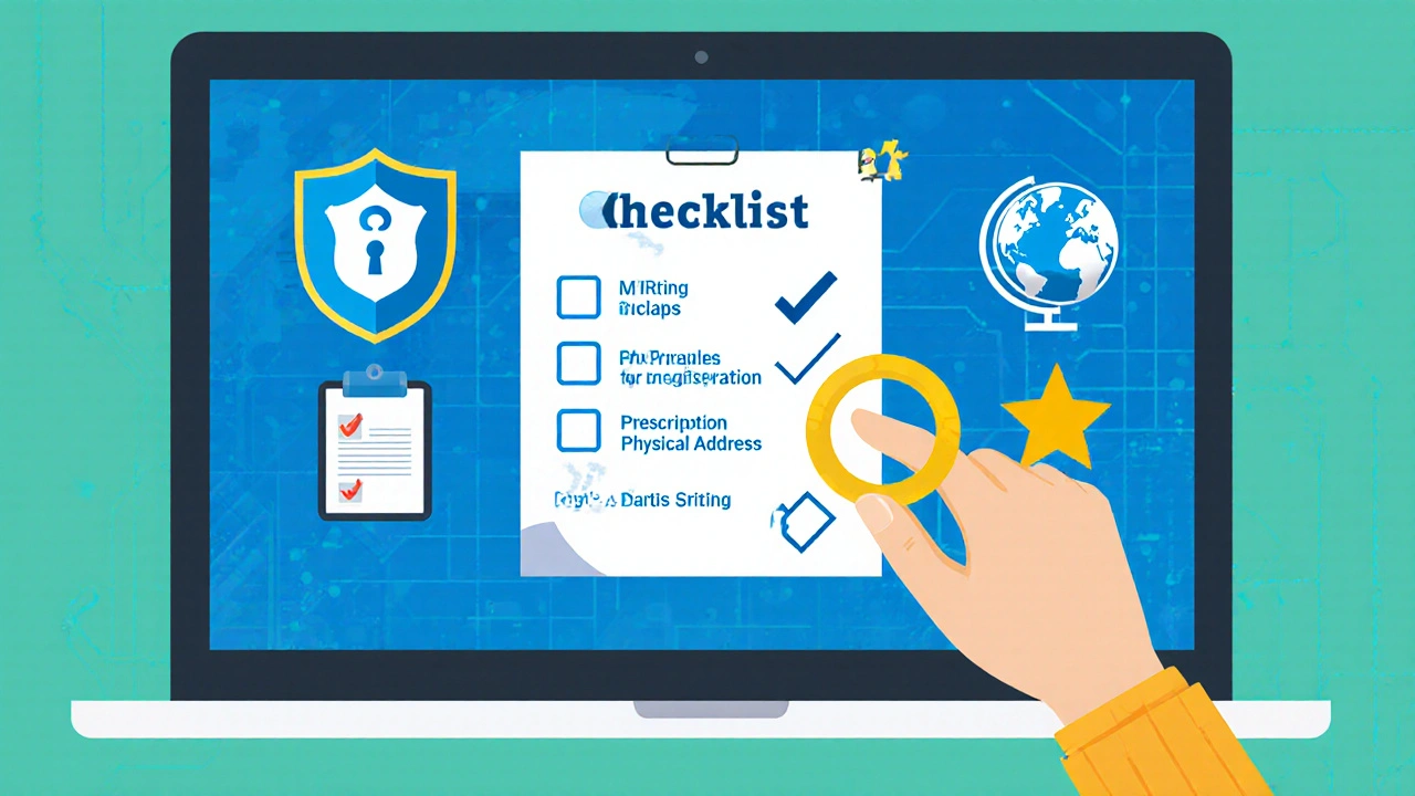 Illustrated checklist icons for verifying a safe online pharmacy.