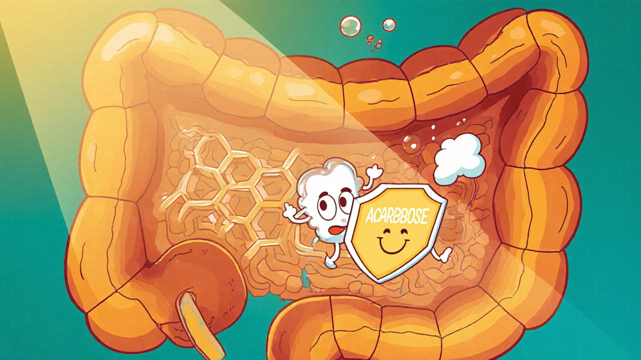 Illustrated intestine showing acarbose blocking carbohydrate digestion.