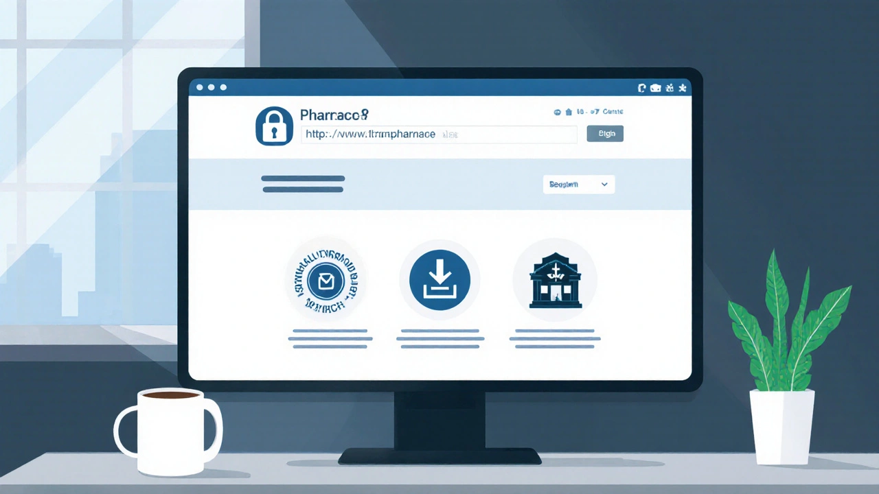 Illustrated laptop screen showing a secure pharmacy site with certification and upload icons.
