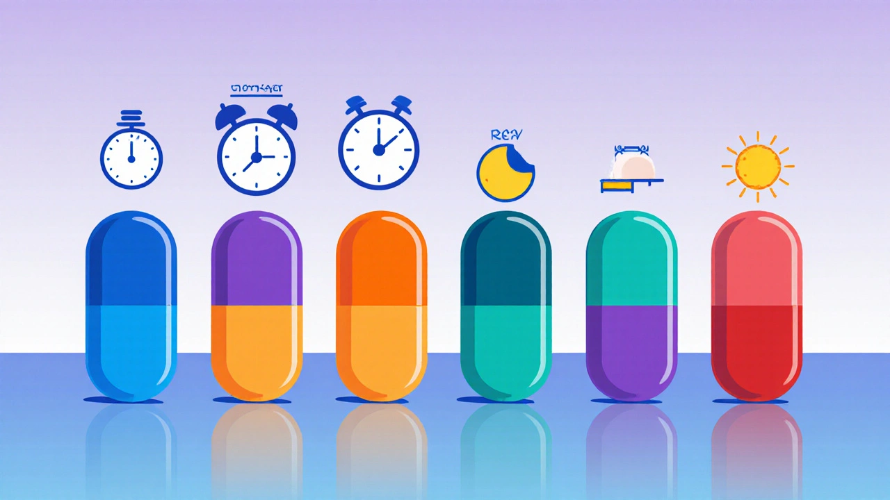 Illustrated lineup of antihistamine pills with icons for onset, duration, and sedation.