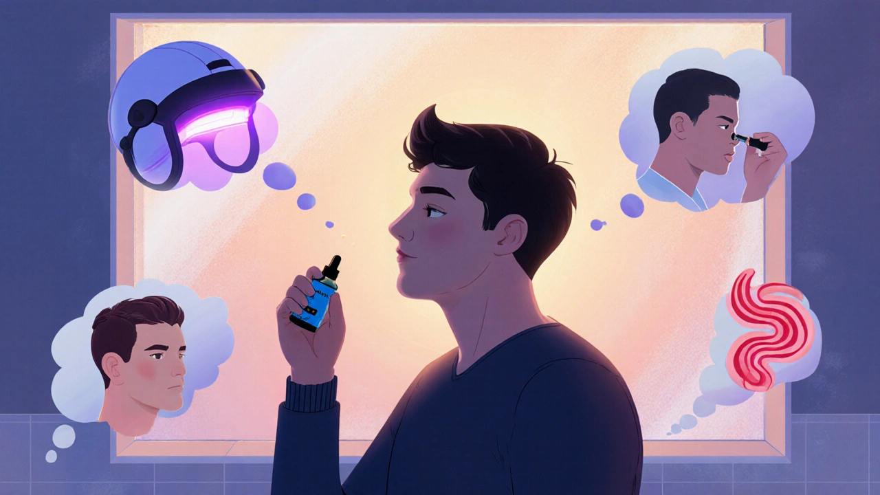Man applying Morr F in bathroom, thought bubbles show laser helmet, PRP injection, and hair transplant.