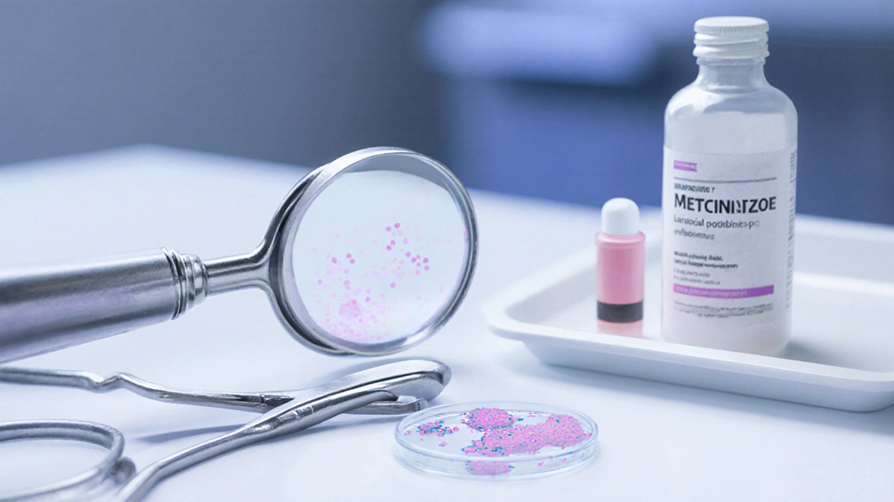 Medical scene with speculum, microscope slide showing clue cells, antibiotics and probiotic capsules.