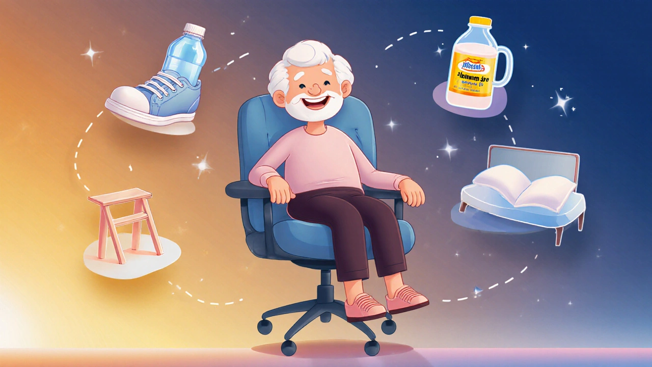 Montage of a senior's daily healthy habits surrounding a happy older adult.