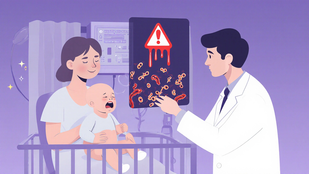 Mother holds infant in hospital as doctor monitors rivaroxaban levels with warning signs.