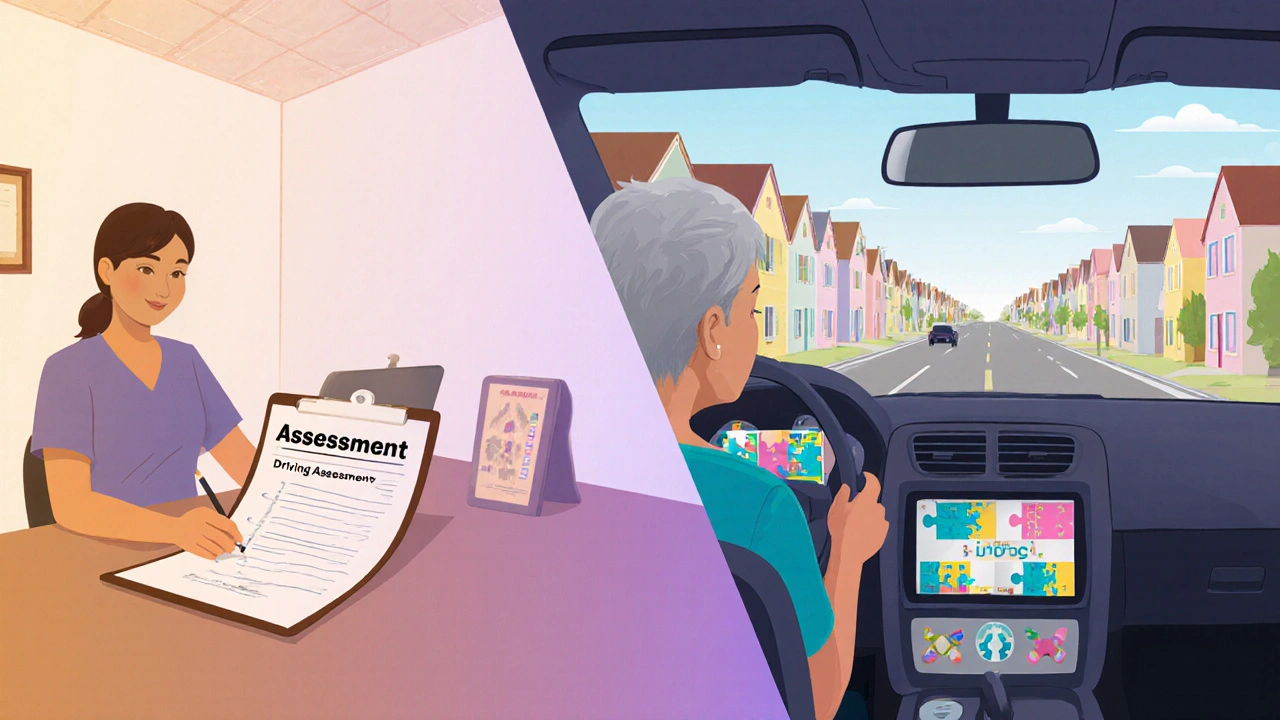 Occupational therapist assessing an older woman with a cognitive test, then showing her driving on a calm road.