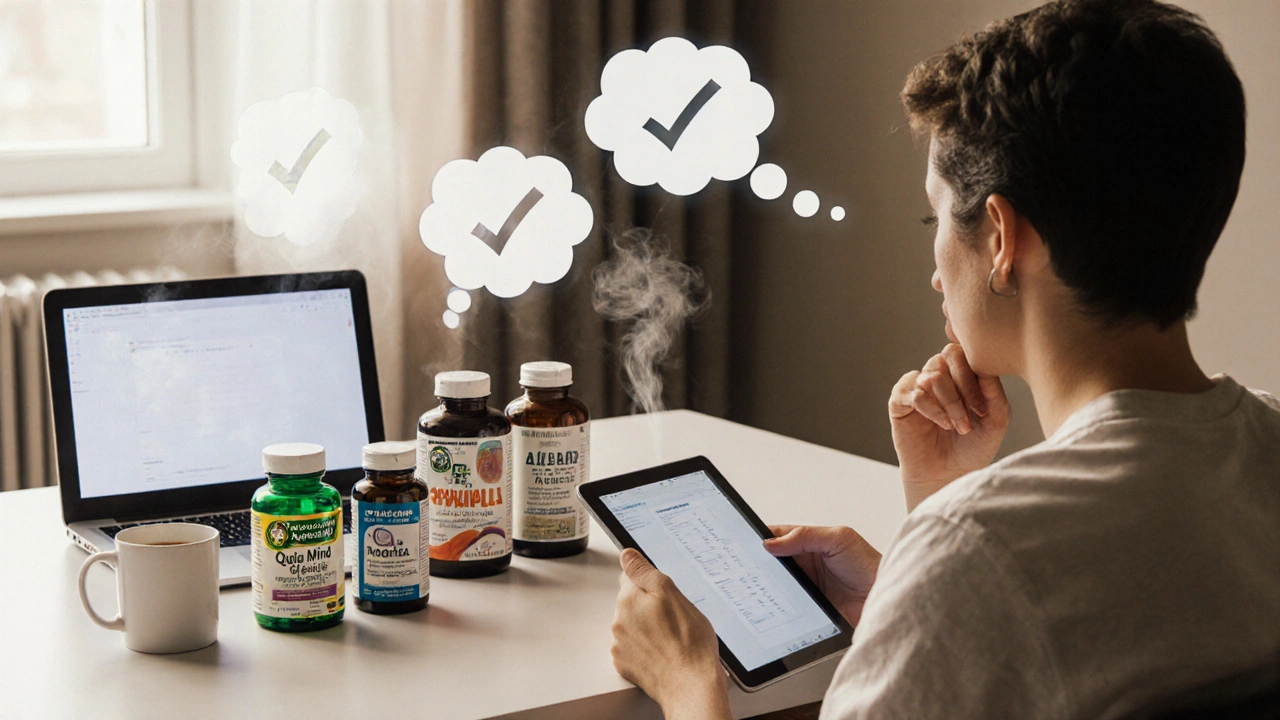 Person at a desk comparing supplement bottles with thought bubbles of evaluation criteria.
