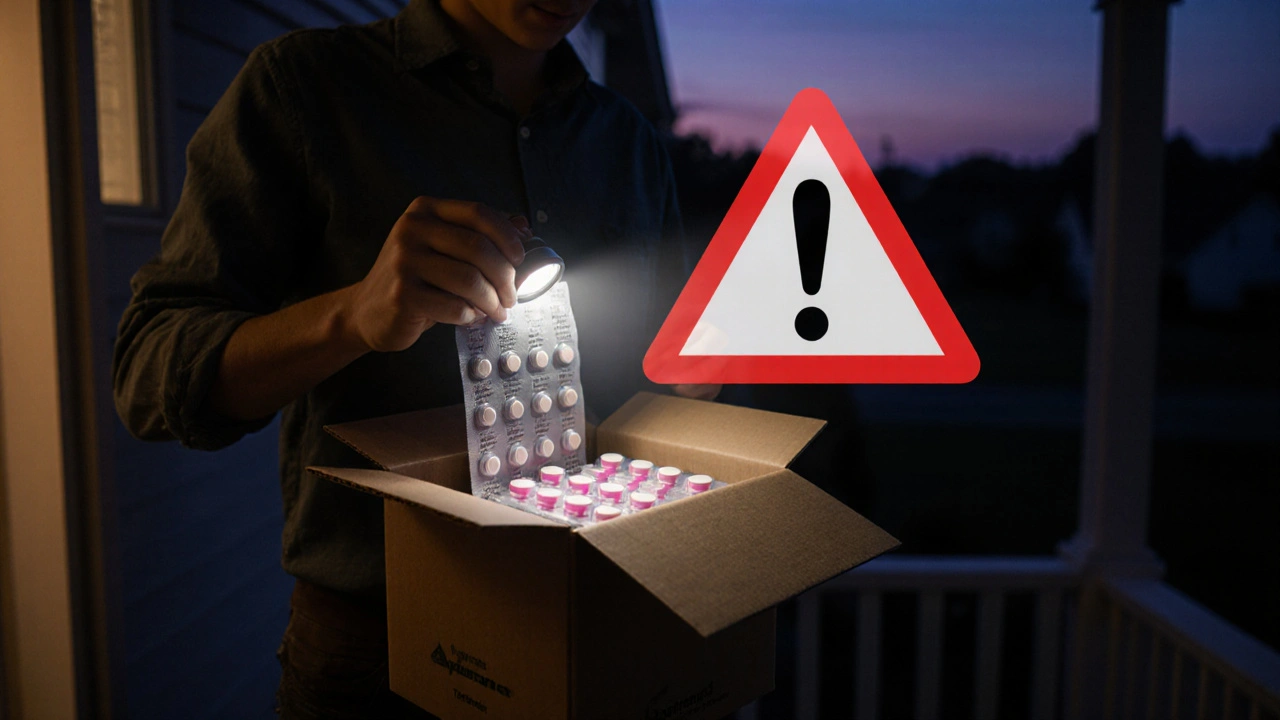 Person opening a delivery box, checking a sealed blister pack of pills with a warning symbol.