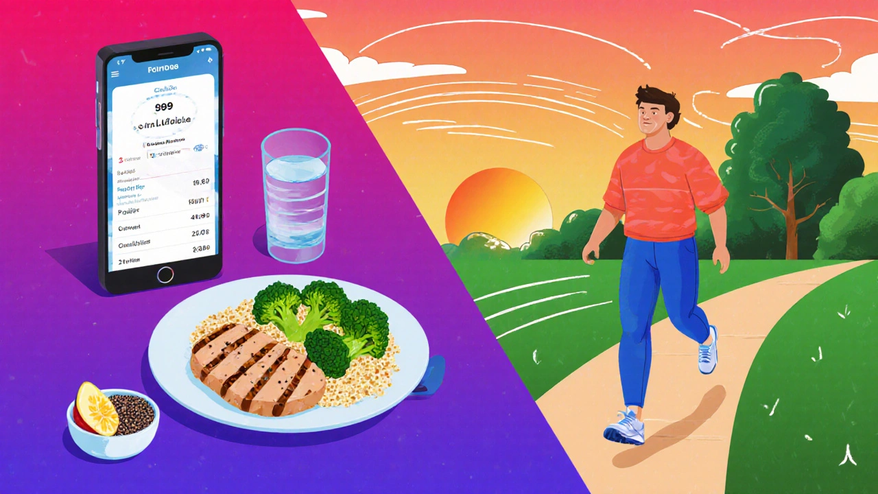 Plate with protein meal, fruit, water, and a phone app; person walking outdoors.