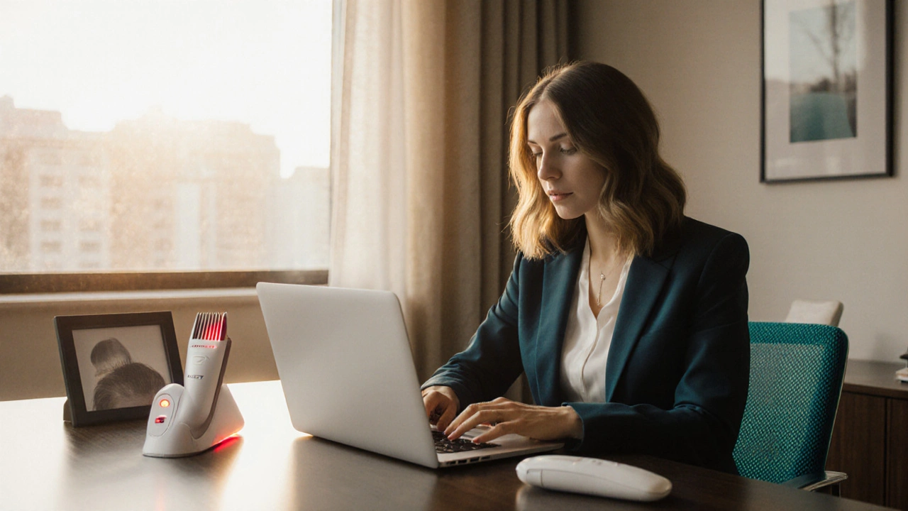Professional woman at desk with laser comb and before‑after hair photo.