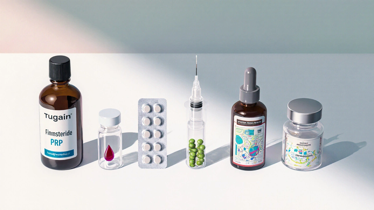 Row of hair‑loss treatments: minoxidil bottle, pill, syringe, laser cap, capsules, transplant diagram.