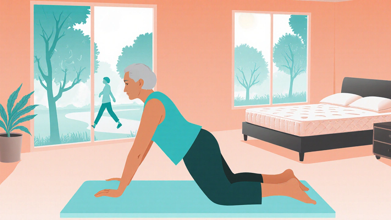 Senior woman doing core exercises at home with a view of a walking path outside.