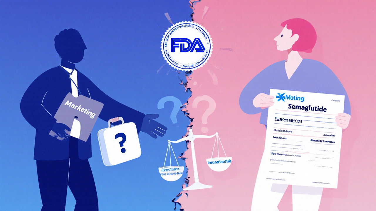 Split scene of pharmaceutical marketing vs. patient facing insurance denial.
