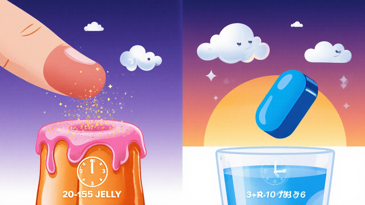 Split-screen cartoon of jelly dissolving on tongue versus tablet dissolving in water, showing onset times.