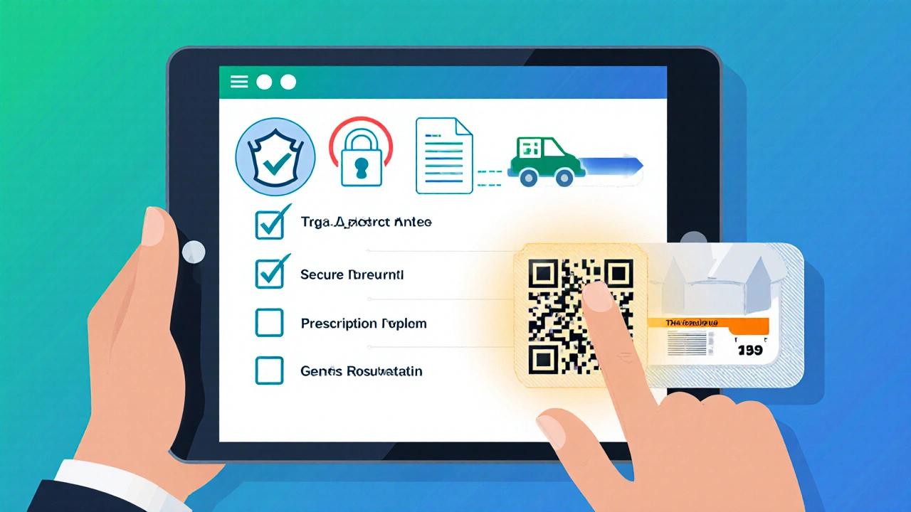 Tablet showing a checklist of pharmacy safety icons and QR code scanning a pill pack.