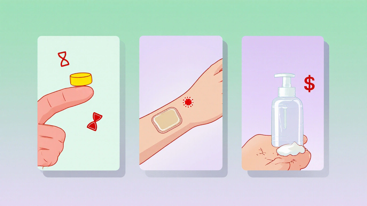 Three panels showing an oral tablet, a skin patch, and a gel tube with icons for clot risk, skin irritation, and cost.