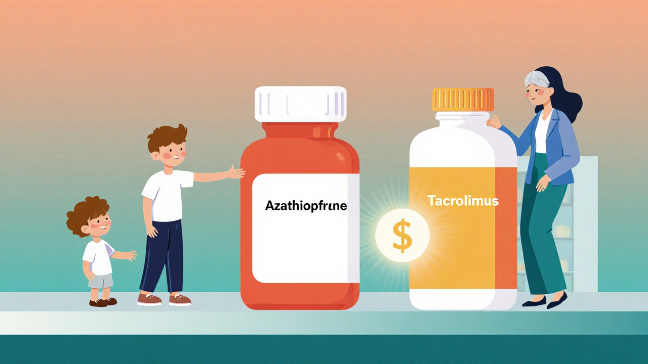 Three pill bottles on a shelf, with affordable azathioprine chosen by a child and elderly person under warm gradients.