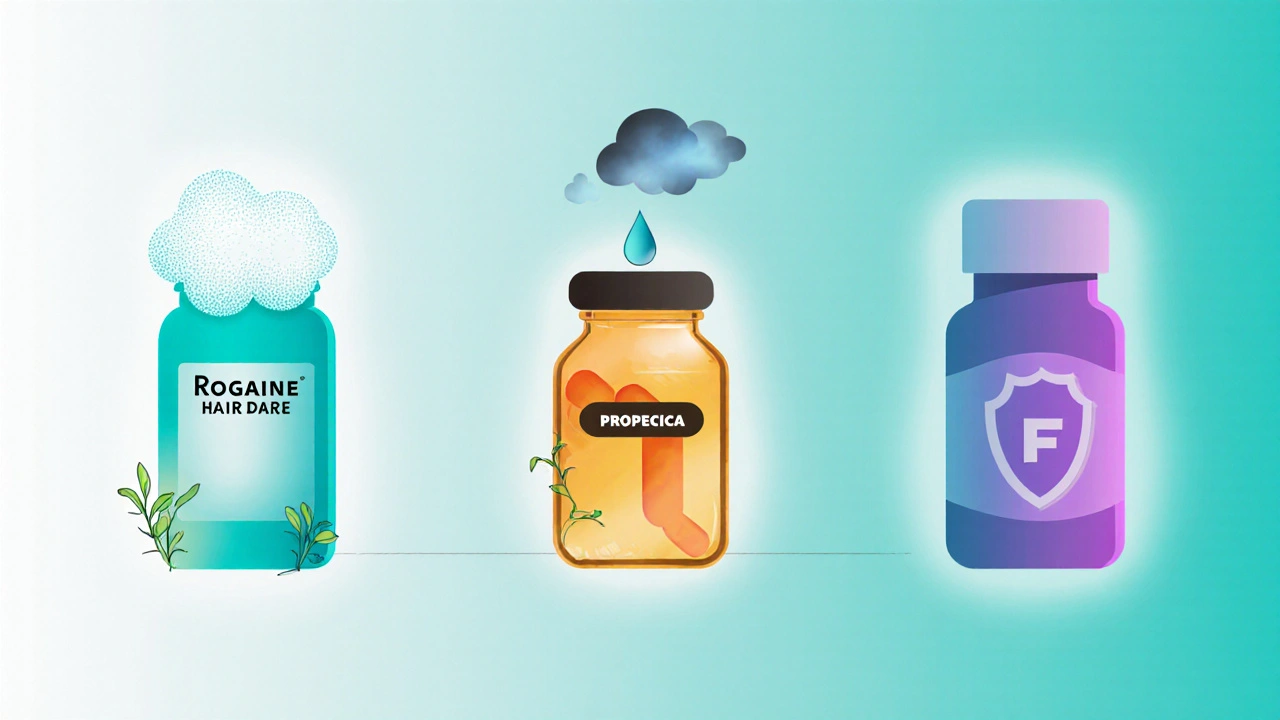 Three treatment icons: Rogaine foam, Propecia pill bottle, and Morr F combo bottle in gradient style.