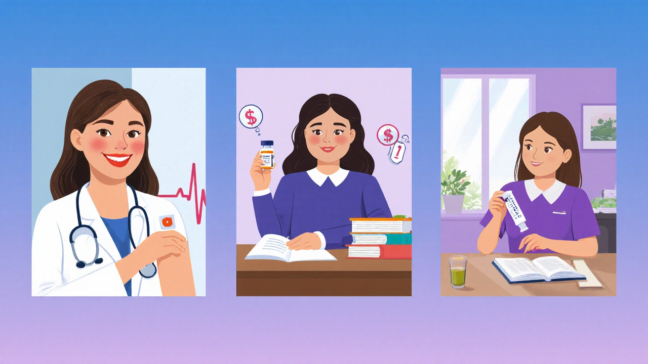 Three women: one with a patch in a doctor's office, one holding pills at a desk, and one using soy supplement and gel in a kitchen.