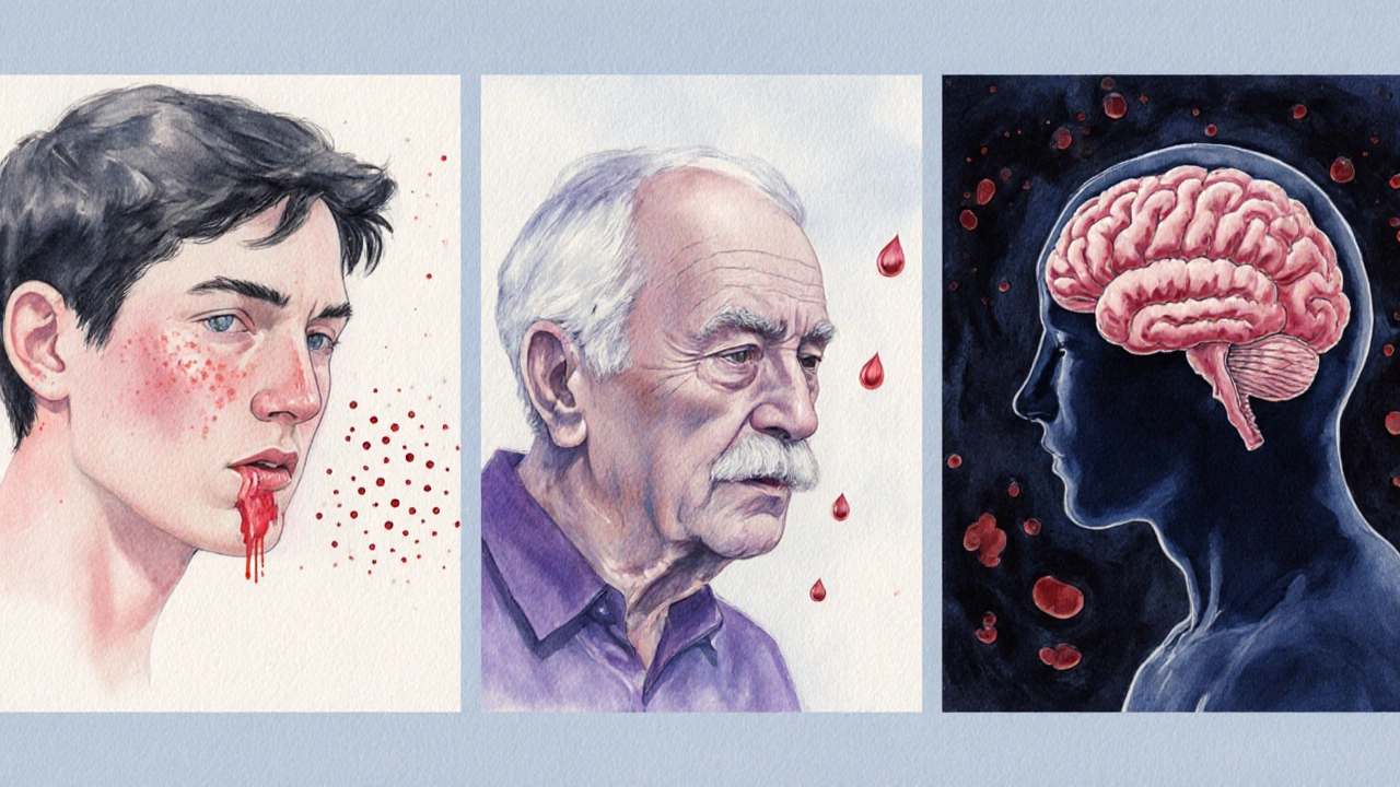 Watercolor vignettes of aplastic anemia, MDS, and acute leukemia with bleeding signs.