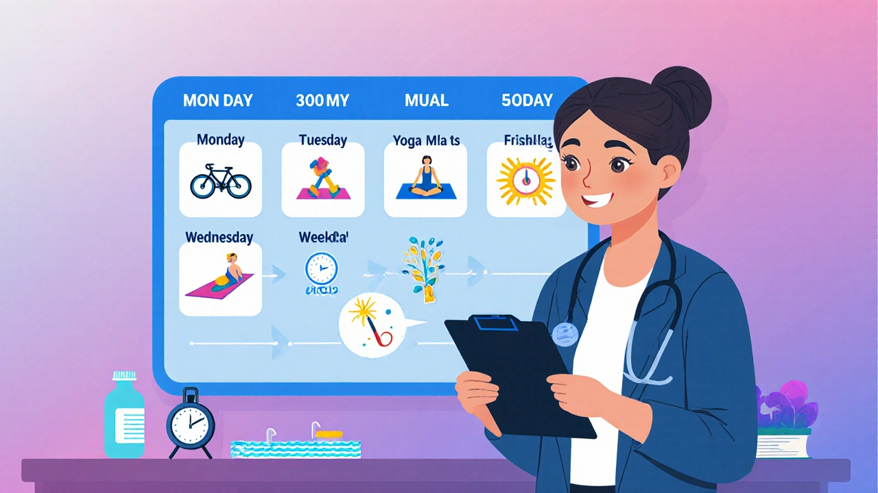 Weekly planner with exercise icons and a doctor offering guidance.