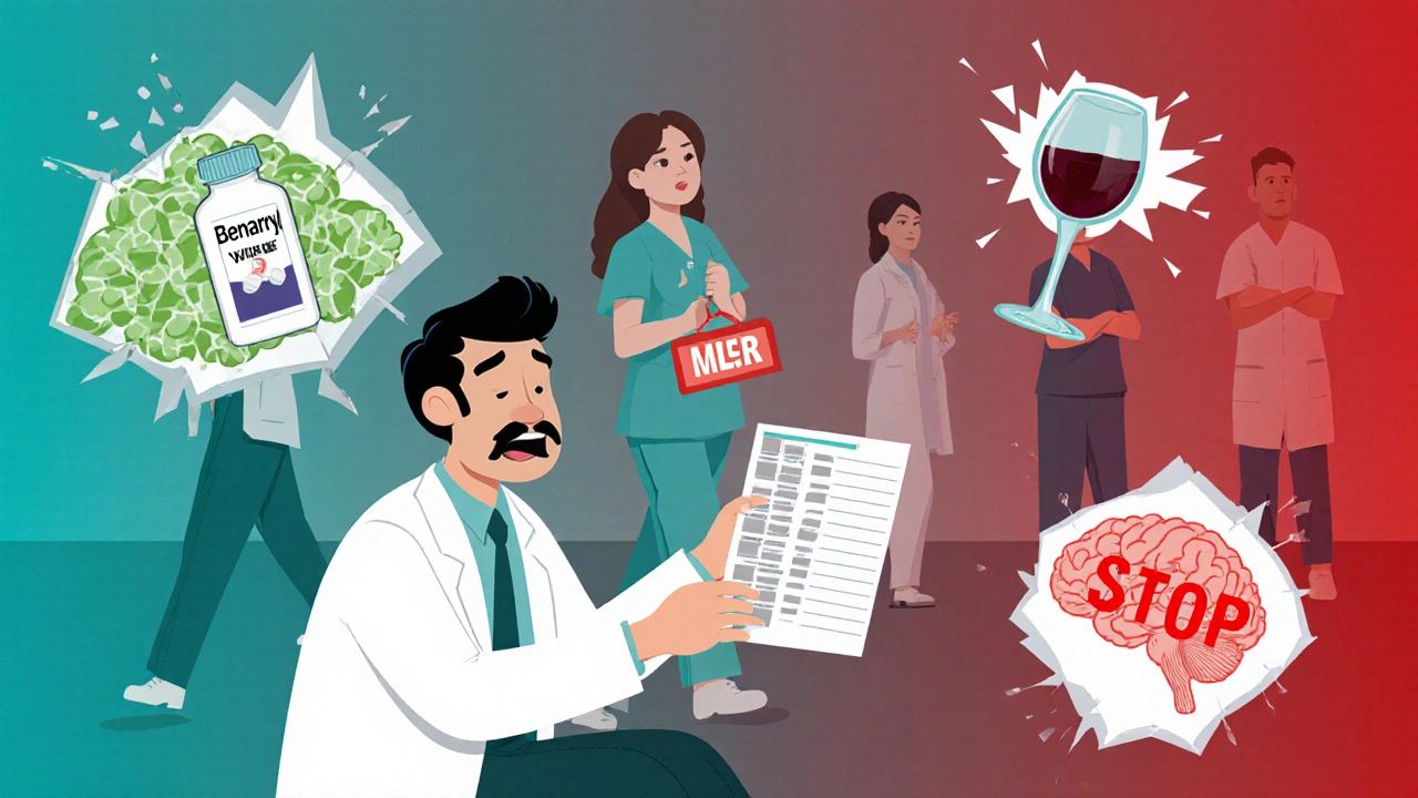 A doctor reviews medications in an ER as fragmented drug symbols hover around a distressed patient.