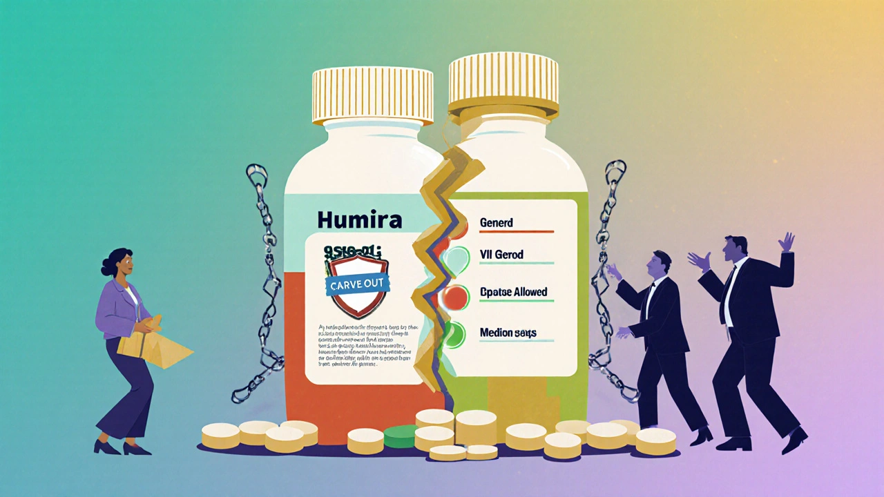 A giant pill being split open by a generic drug using a legal carve-out, allowing access to non-patented uses while blocking patent claims.