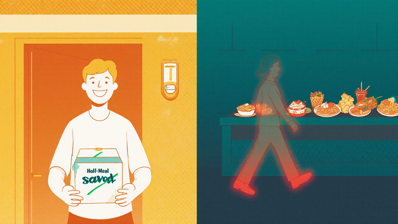 A person leaving a restaurant with leftovers and steady blood sugar, walking past tempting buffet foods.