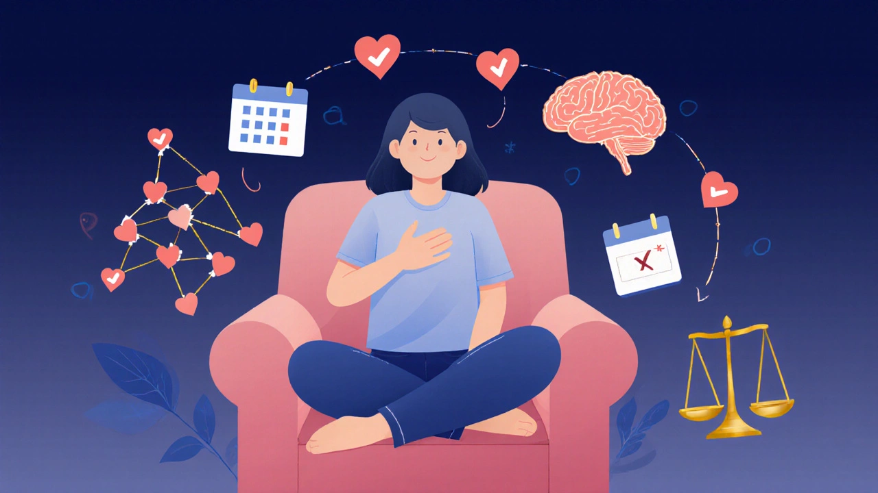 A person practicing calm breathing surrounded by supportive icons of community, pacing, and brain healing.