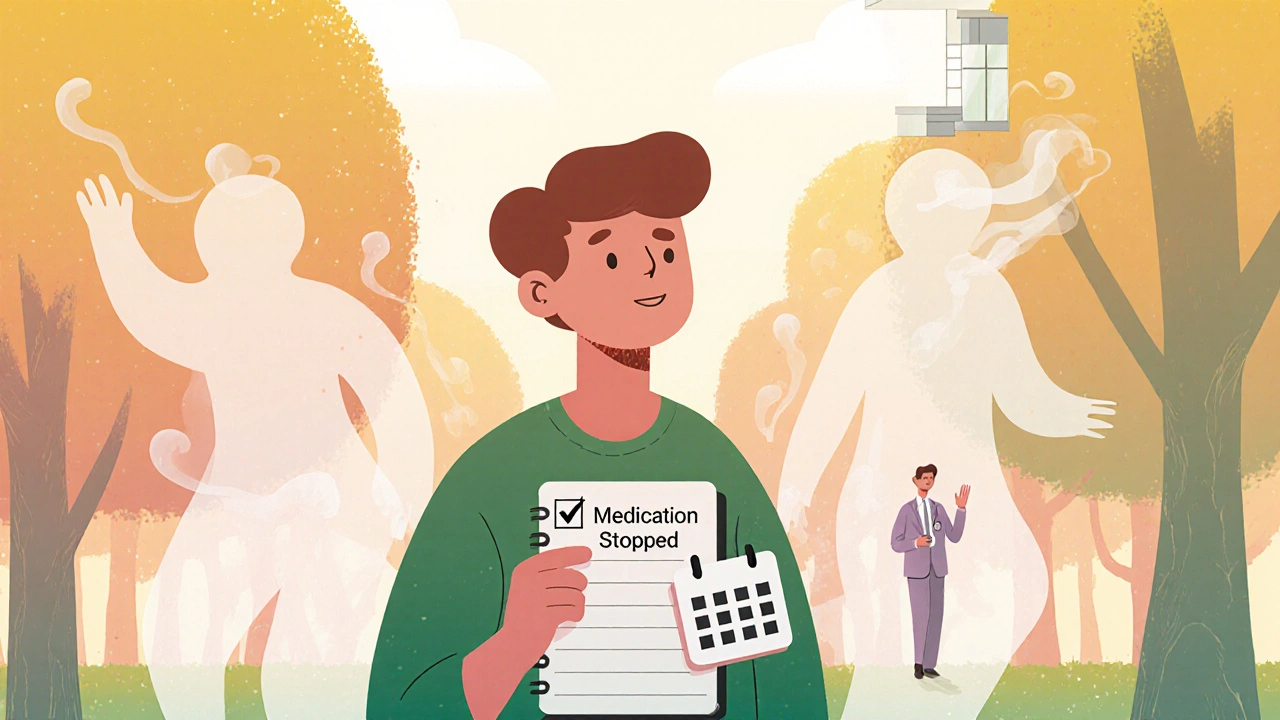 A person walks peacefully through a park as ghostly hallucinations fade away behind them.