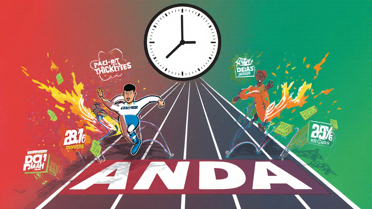 A race track with a generic drug company overcoming patent obstacles to reach market first, with a clock showing time elapsed.