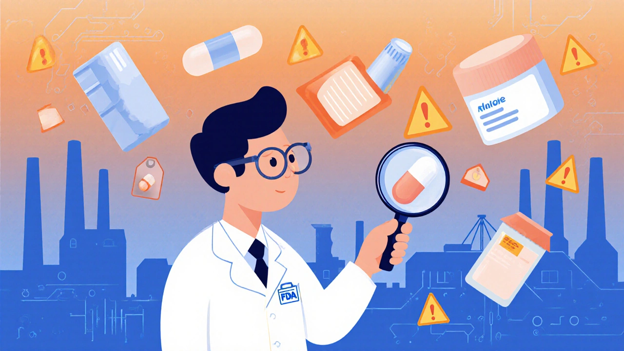 An FDA inspector examining generic drug formulations with warning symbols nearby.